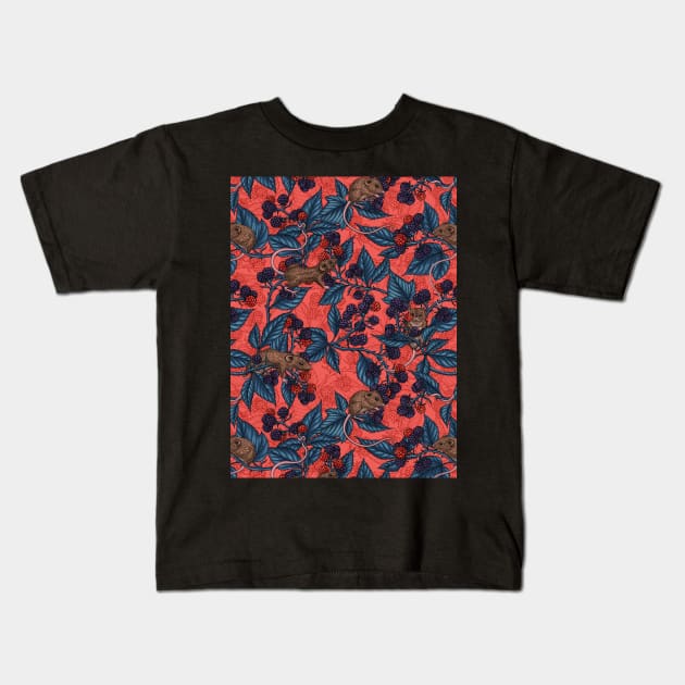Mice and blackberries on red Kids T-Shirt by katerinamk